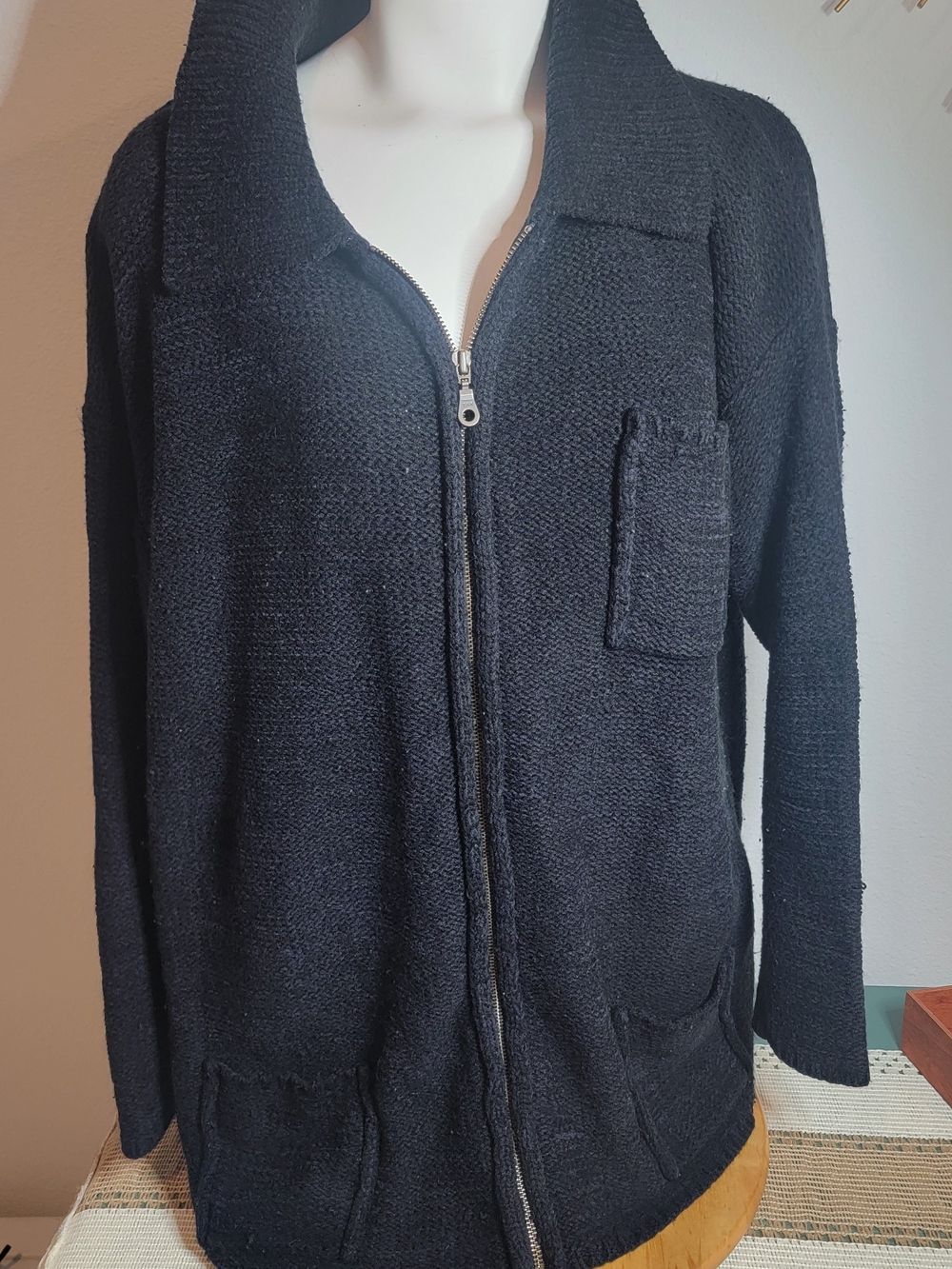 Yarnworks Black Zip-Up Knit Cardigan with Collar Sz Xl